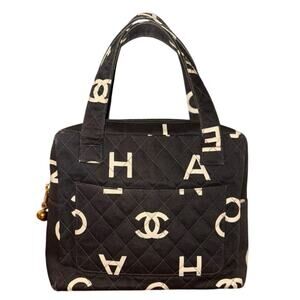 Vintage Chanel Logo Alphabet Tote Bag Black Quilted Canvas CC Print with Card